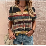 Retro Women's T-Shirt Summer V-Neck Short Sleeve Tee Casual Harajuku Stripe Print T Shirt for Women Streetwear Pullover Tops New