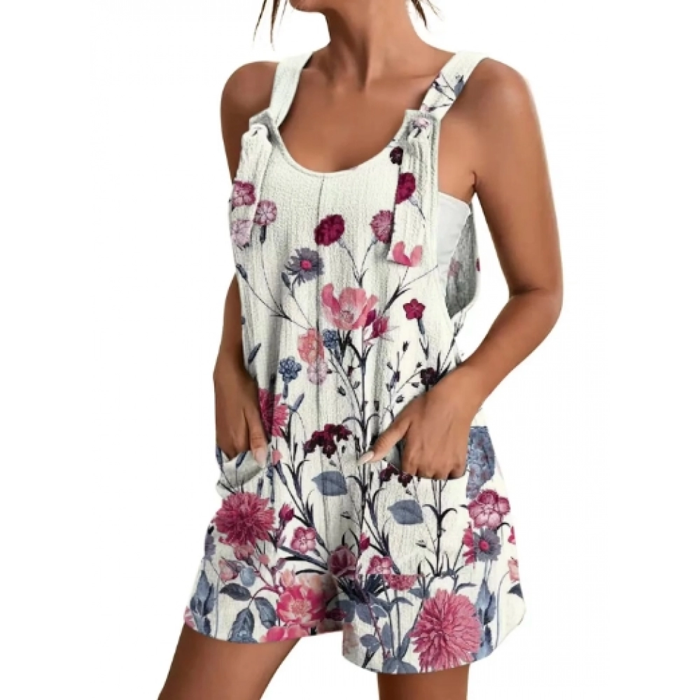 Women Jumpsuits Summer Shorts Overalls Multicolor O Neck Sleeveless Casual Rompers with Pockets Playsuits