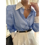 Jmprs Elegant Women Shirts Korean Striped Red Fashion Turn Down Collar Office Ladies Tops Long Sleeve Causal Female Blouse