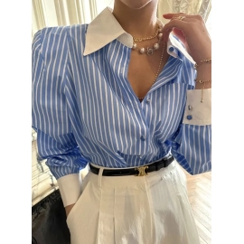 Jmprs Elegant Women Shirts Korean Striped Red Fashion Turn Down Collar Office Ladies Tops Long Sleeve Causal Female Blouse