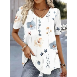 T-shirt Women's 3d Flower Print White Kawaii V-neck T Shirt Female Clothing Oversized Summer Tops Tee